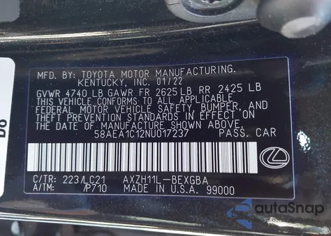 2022 Lexus Es 300H Luxury z USA, uszkodzony, nr VIN 58AEA1C12NU017237